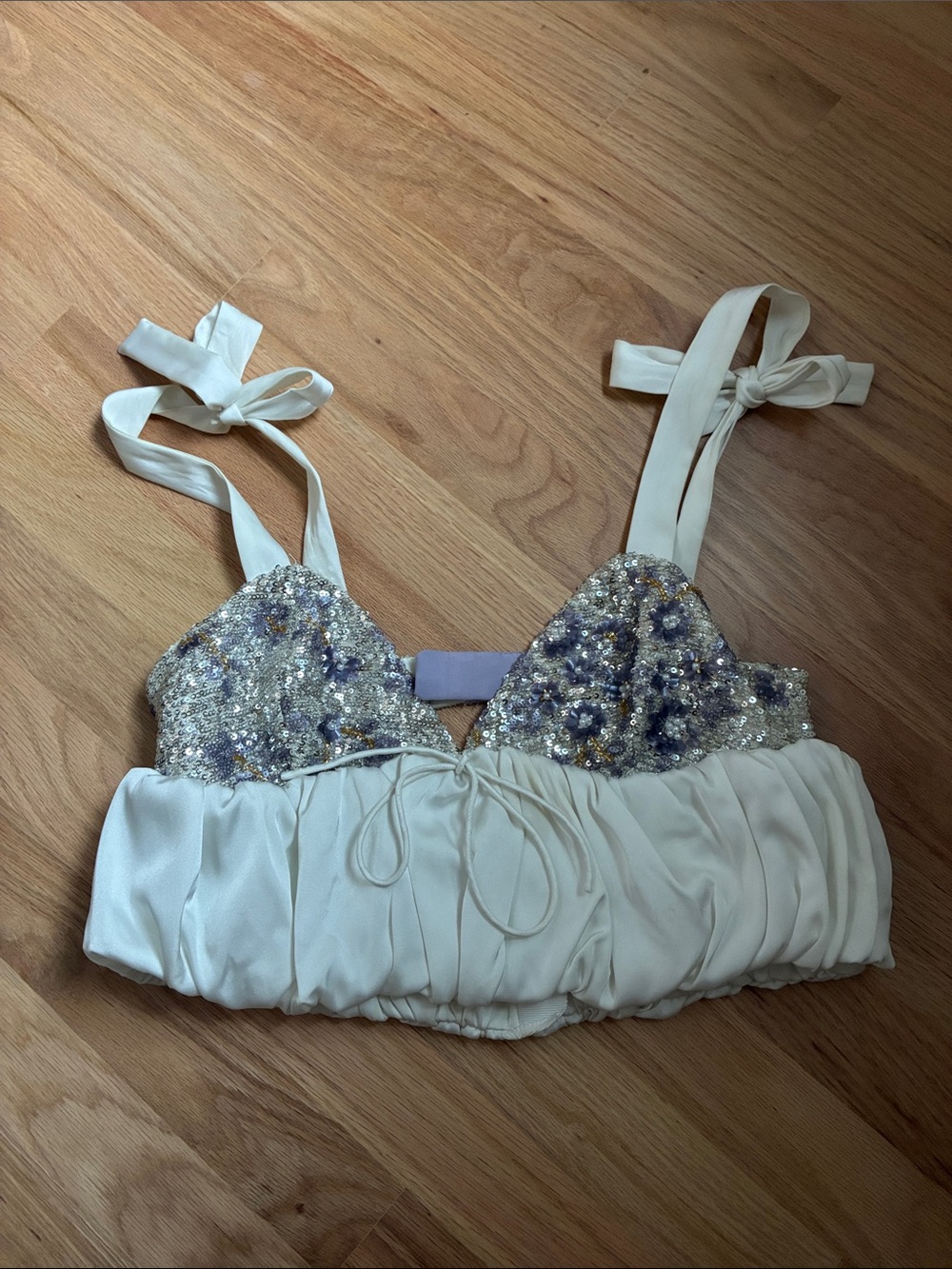 For Love & Lemons Sequin Bubble-Hem Strappy Blouse Small